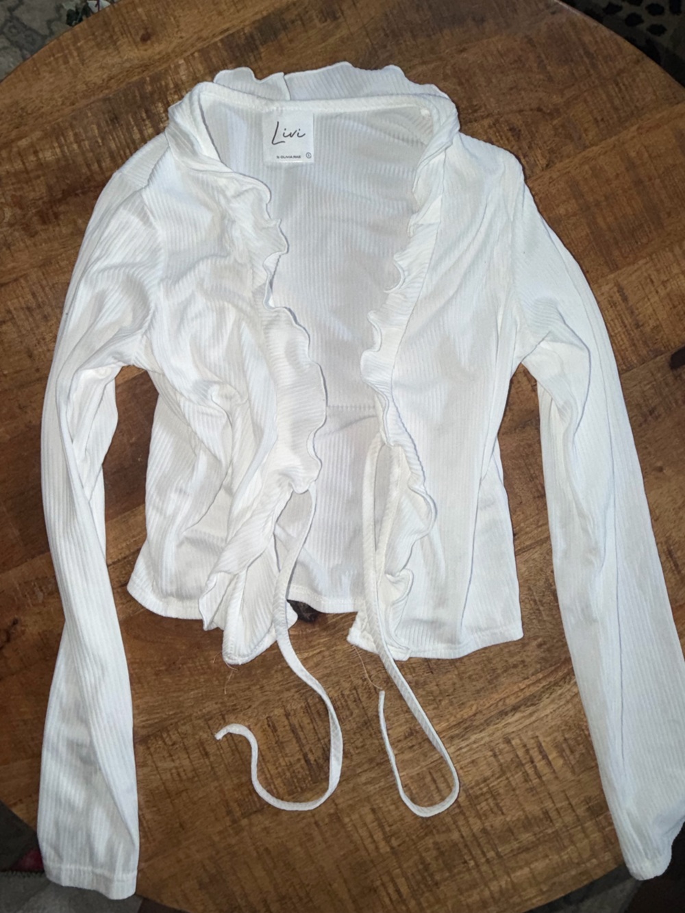 Livi Active White Ribbed Ruffle Tie-Front Long Sleeve Top